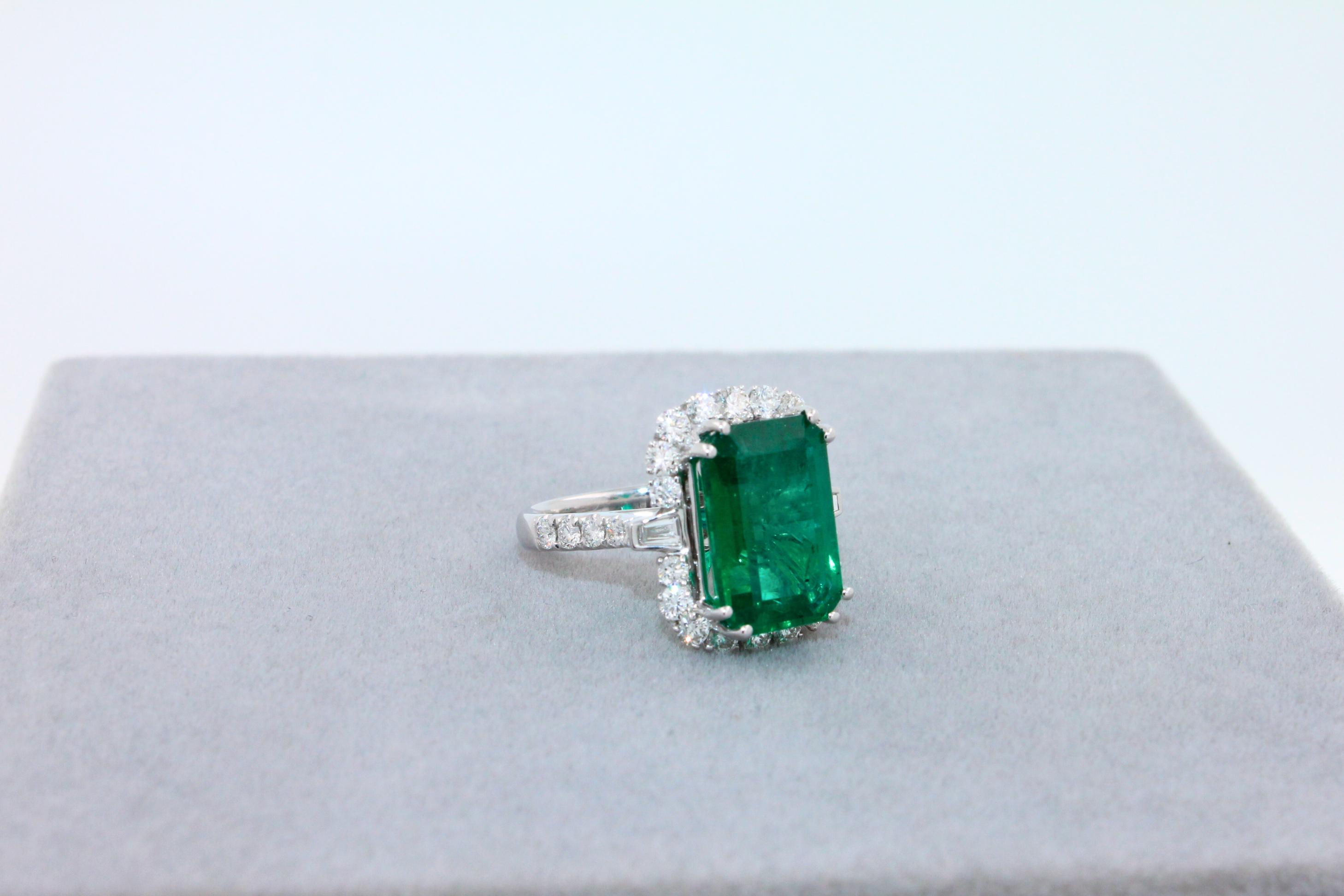 Green Emerald Octagon Cut Rectangle Diamond Halo Baguette 18K White Gold Ring
