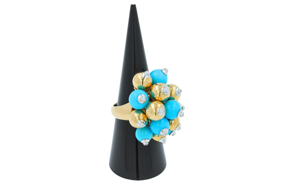 Blue Turquoise Diamonds Golden Spheres Balls Christmas Bells Motif 18K Gold Ring