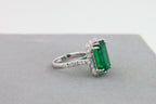 Green Emerald Octagon Cut Rectangle Diamond Halo Baguette 18K White Gold Ring