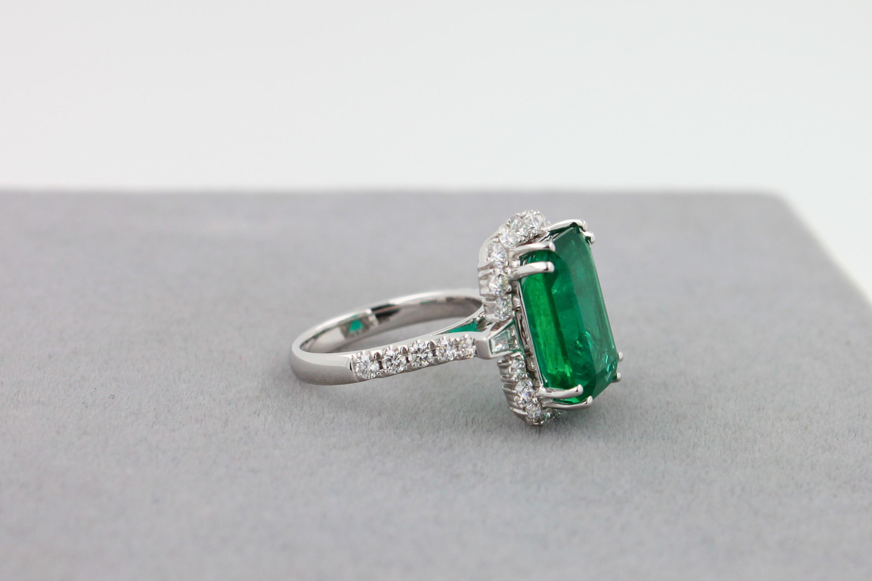 Green Emerald Octagon Cut Rectangle Diamond Halo Baguette 18K White Gold Ring