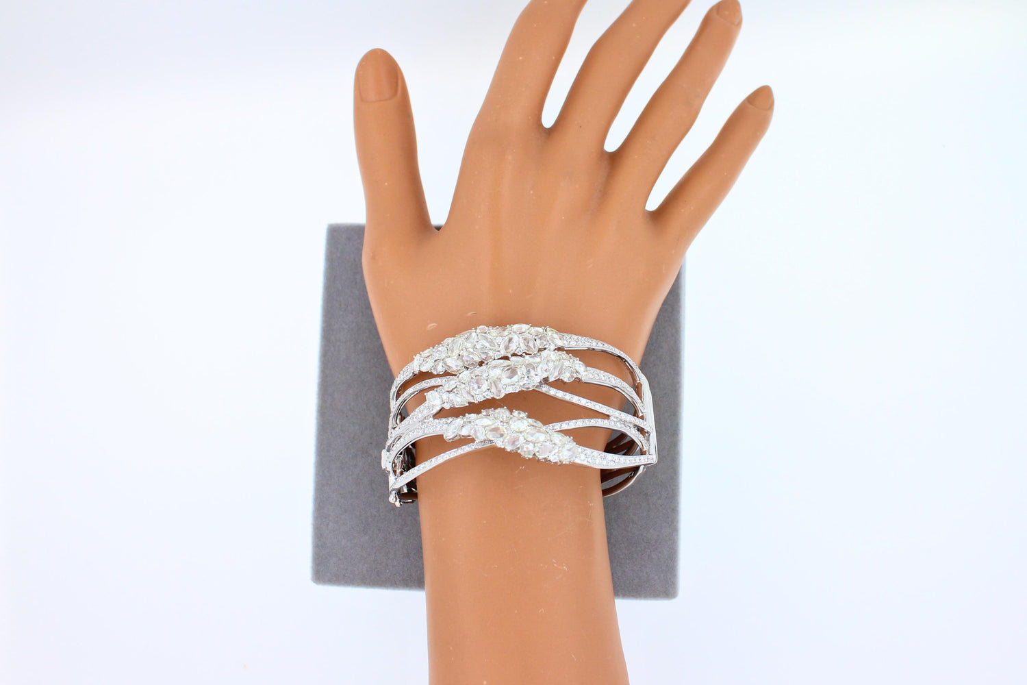 Fancy Shape Rose Cut Diamond Unique Statement Lux 18K White Gold Bangle Bracelet