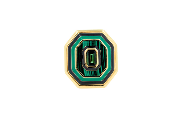 Green Tourmaline Malachite Green Black Enamel 18K Yellow Gold Enamel Unique Ring