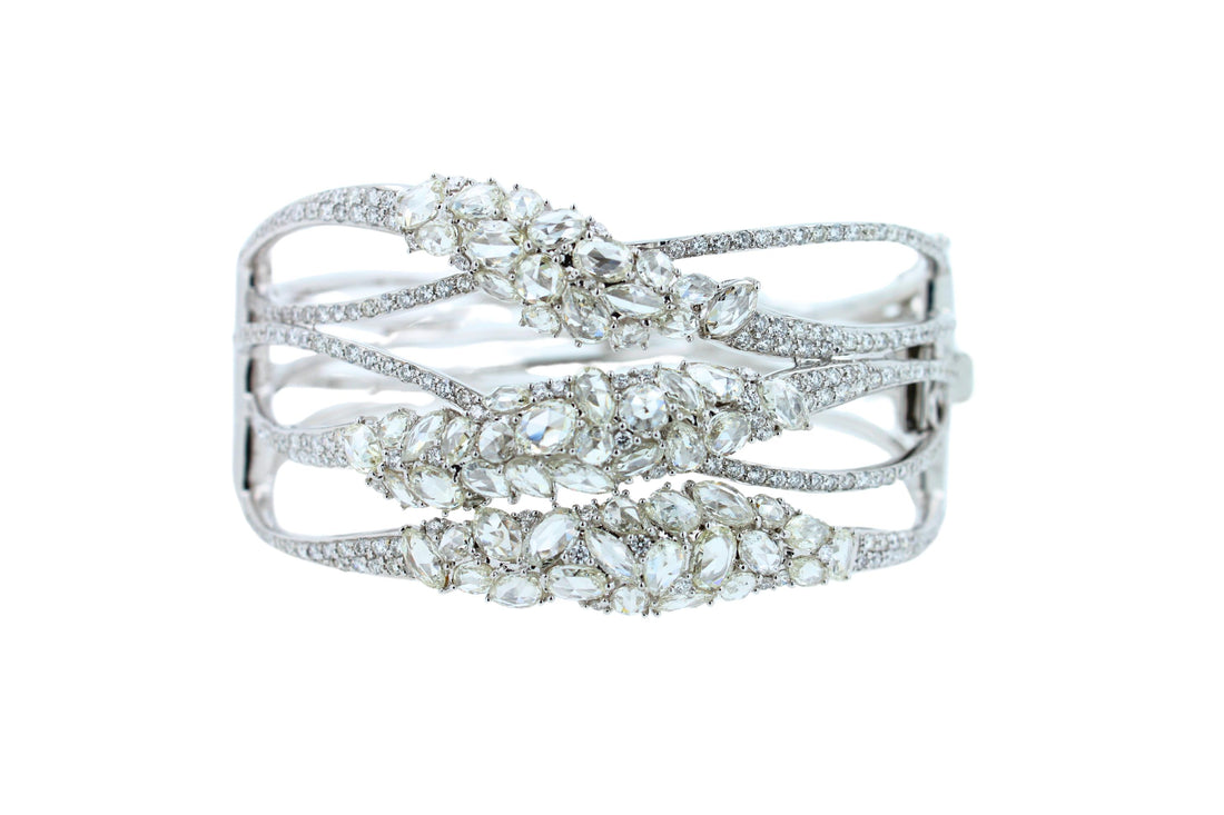 Fancy Shape Rose Cut Diamond Unique Statement Lux 18K White Gold Bangle Bracelet