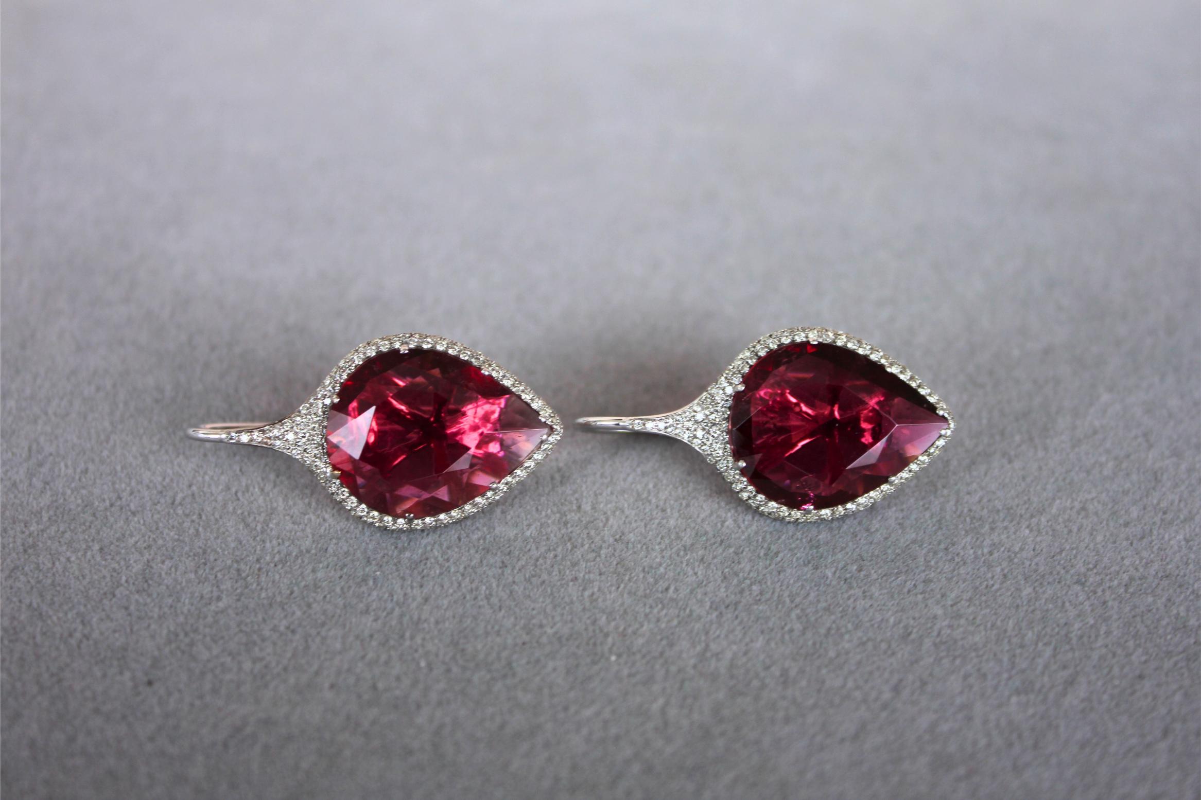 Fancy Pear Tear Drop Pink Red Rubellite Diamond Pave 18K White Gold Earrings