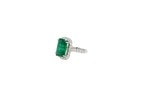 Green Emerald Octagon Cut Rectangle Diamond Halo Baguette 18K White Gold Ring