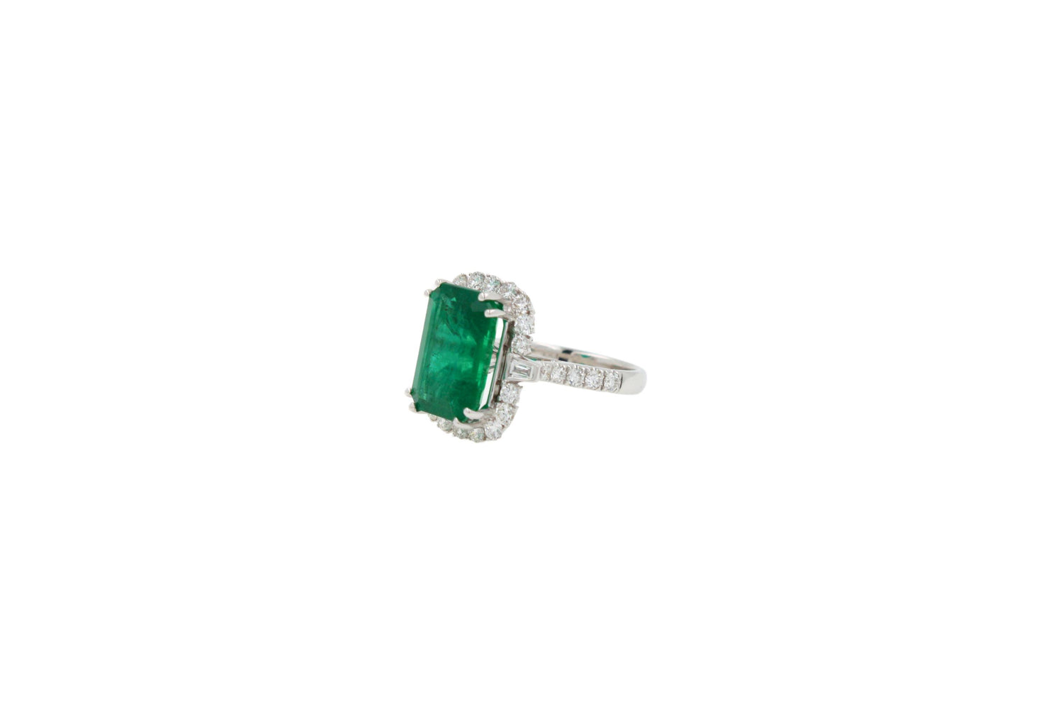 Green Emerald Octagon Cut Rectangle Diamond Halo Baguette 18K White Gold Ring