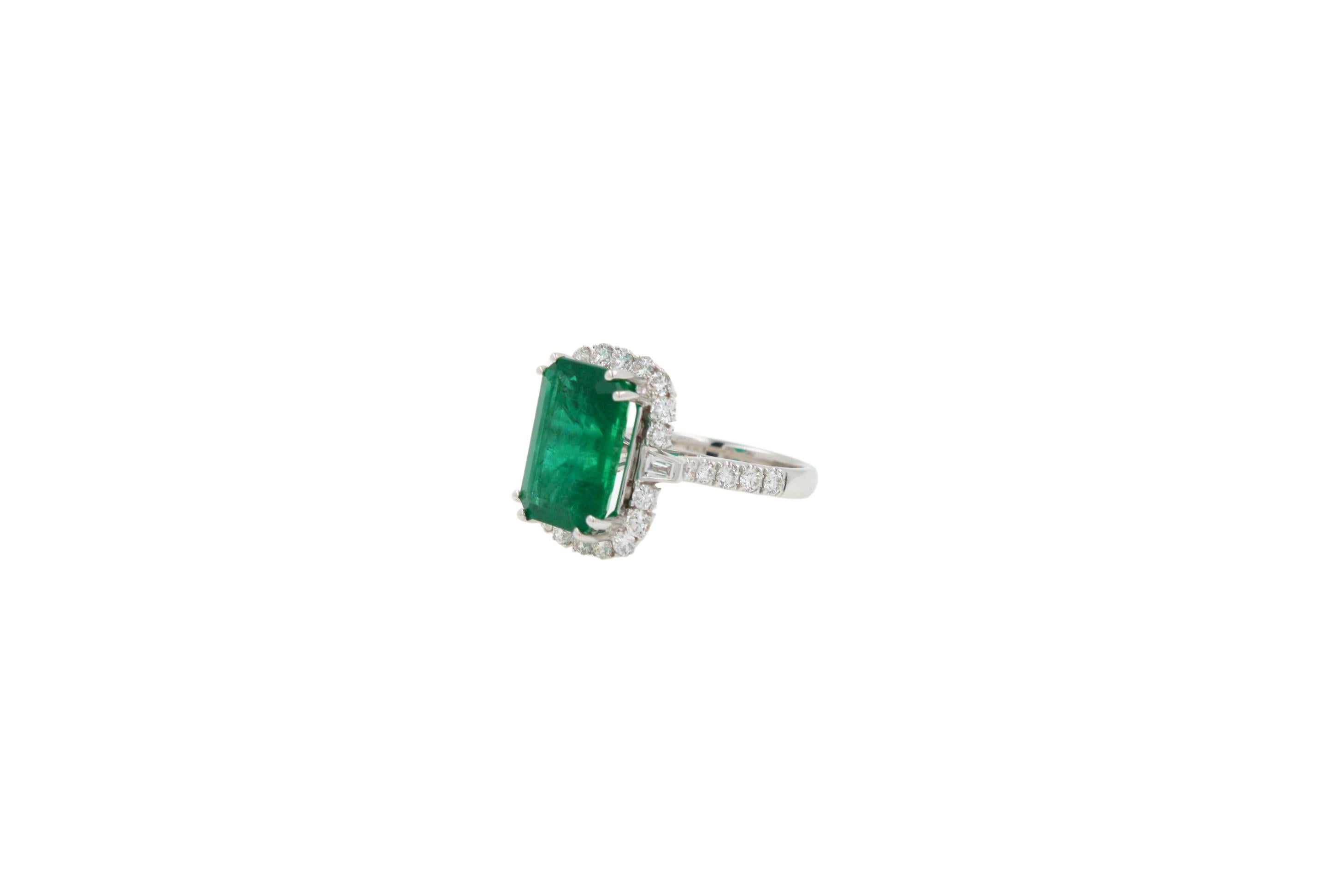 Green Emerald Octagon Cut Rectangle Diamond Halo Baguette 18K White Gold Ring