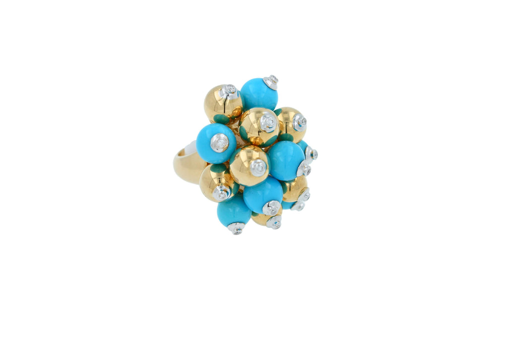 Blue Turquoise Diamonds Golden Spheres Balls Christmas Bells Motif 18K Gold Ring