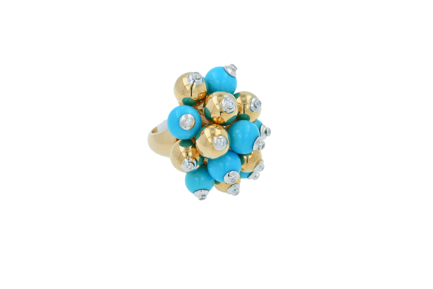 Blue Turquoise Diamonds Golden Spheres Balls Christmas Bells Motif 18K Gold Ring