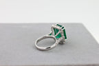 Green Emerald Octagon Cut Rectangle Diamond Halo Baguette 18K White Gold Ring