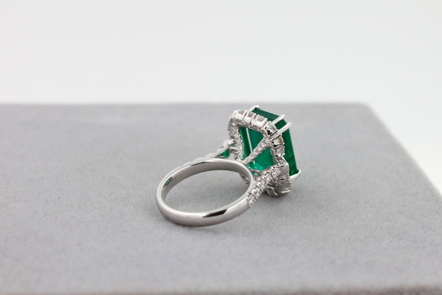 Green Emerald Octagon Cut Rectangle Diamond Halo Baguette 18K White Gold Ring