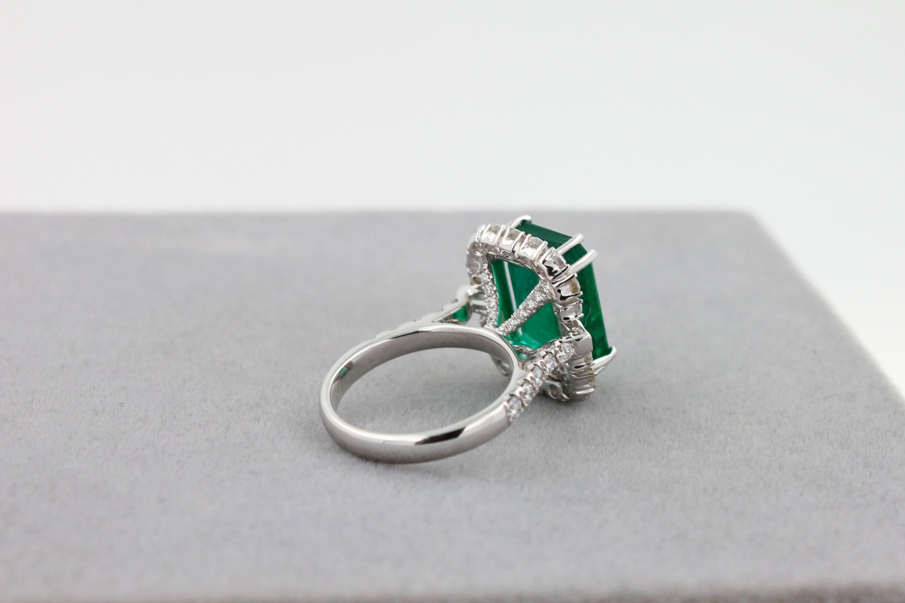 Green Emerald Octagon Cut Rectangle Diamond Halo Baguette 18K White Gold Ring