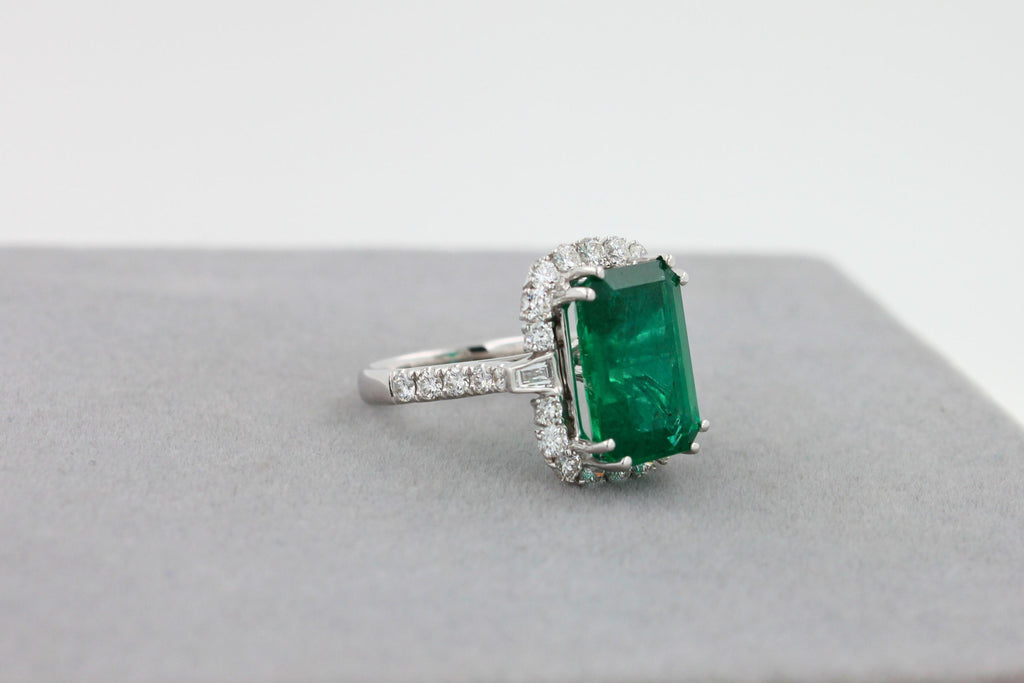 Green Emerald Octagon Cut Rectangle Diamond Halo Baguette 18K White Gold Ring