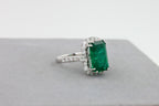 Green Emerald Octagon Cut Rectangle Diamond Halo Baguette 18K White Gold Ring
