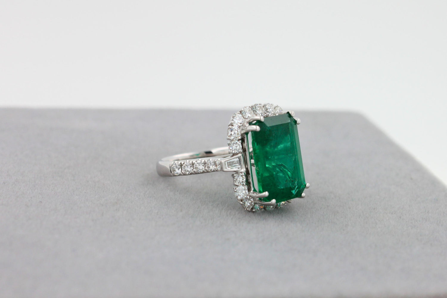 Green Emerald Octagon Cut Rectangle Diamond Halo Baguette 18K White Gold Ring