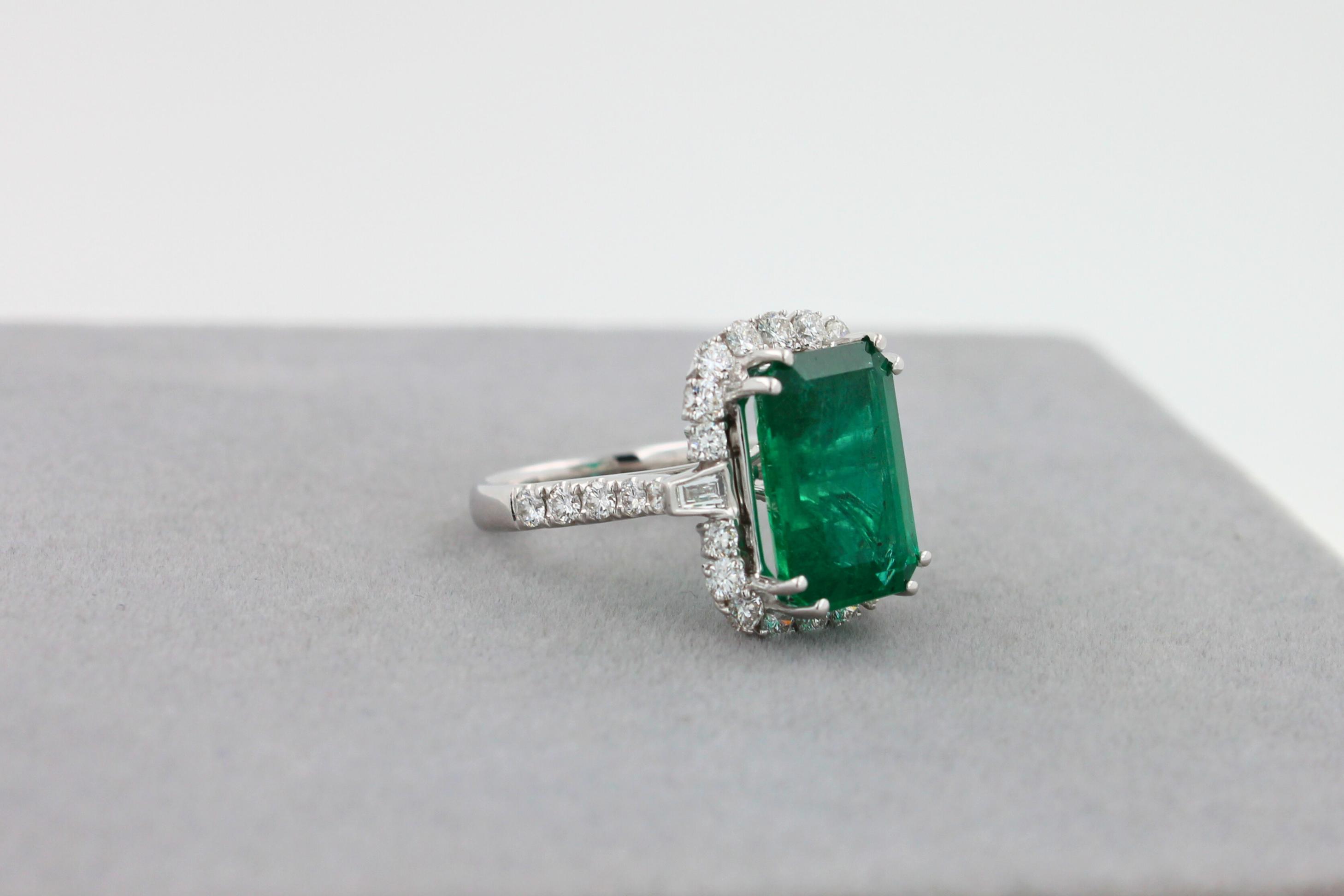 Green Emerald Octagon Cut Rectangle Diamond Halo Baguette 18K White Gold Ring