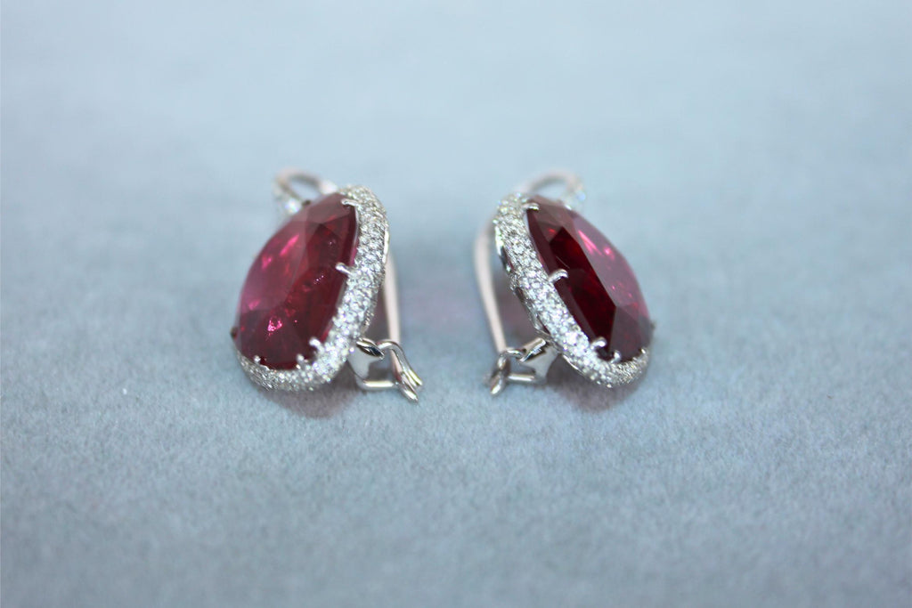 Fancy Pear Tear Drop Pink Red Rubellite Diamond Pave 18K White Gold Earrings