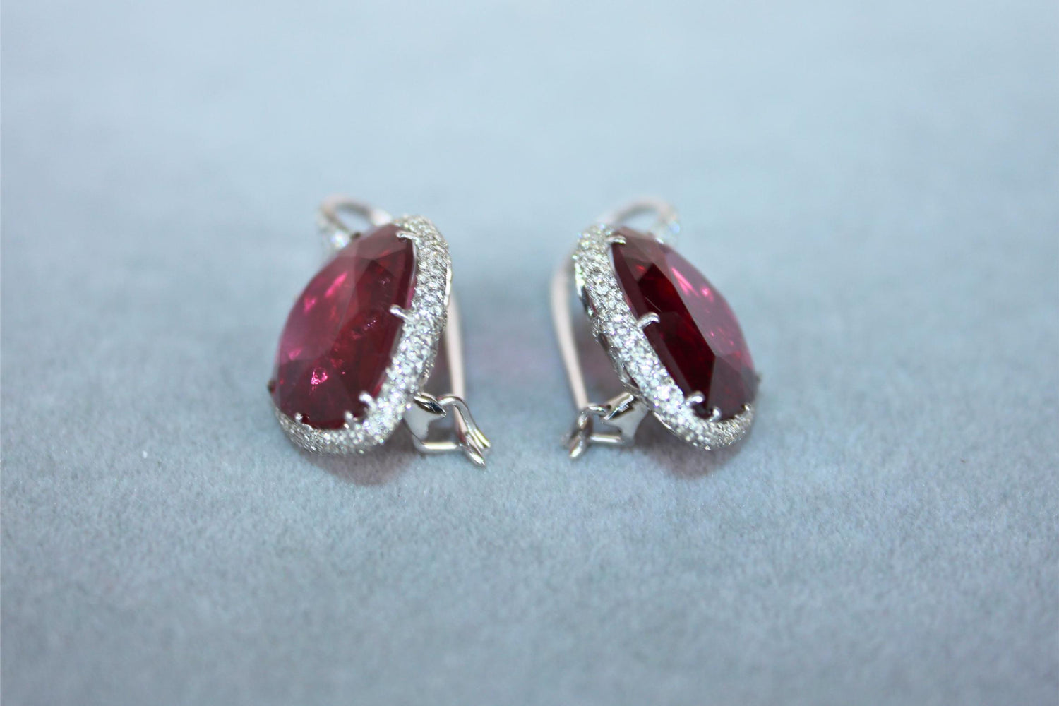 Fancy Pear Tear Drop Pink Red Rubellite Diamond Pave 18K White Gold Earrings