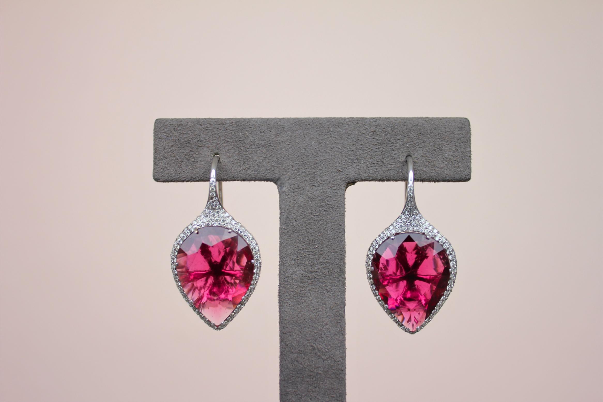 Fancy Pear Tear Drop Pink Red Rubellite Diamond Pave 18K White Gold Earrings