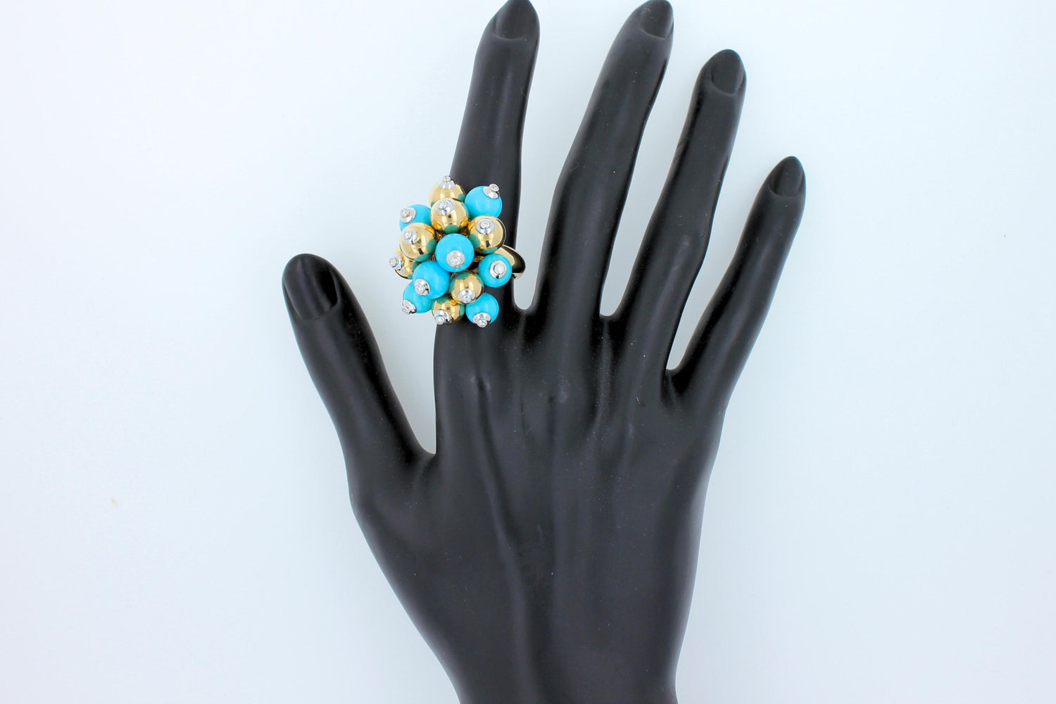 Blue Turquoise Diamonds Golden Spheres Balls Christmas Bells Motif 18K Gold Ring