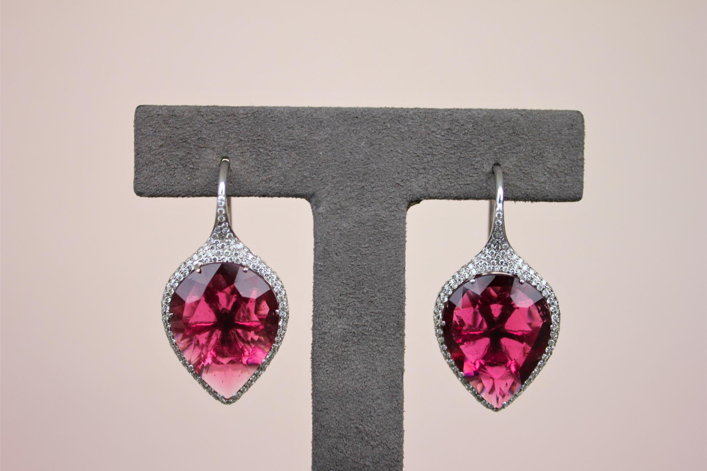 Fancy Pear Tear Drop Pink Red Rubellite Diamond Pave 18K White Gold Earrings