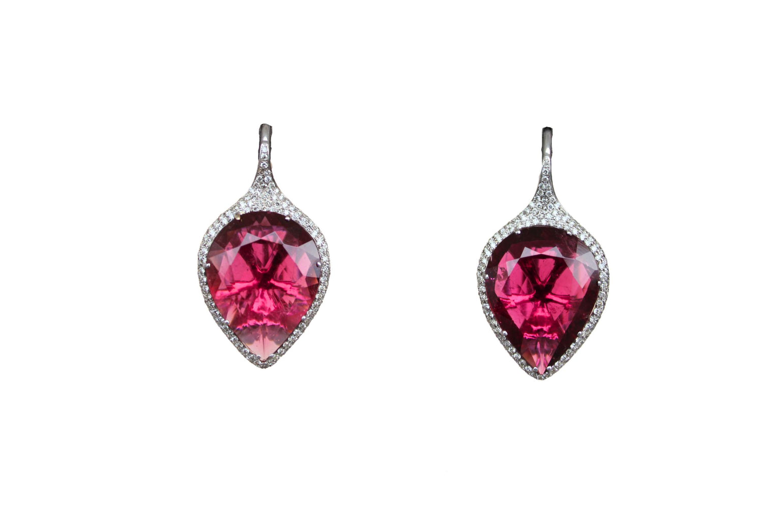 Fancy Pear Tear Drop Pink Red Rubellite Diamond Pave 18K White Gold Earrings