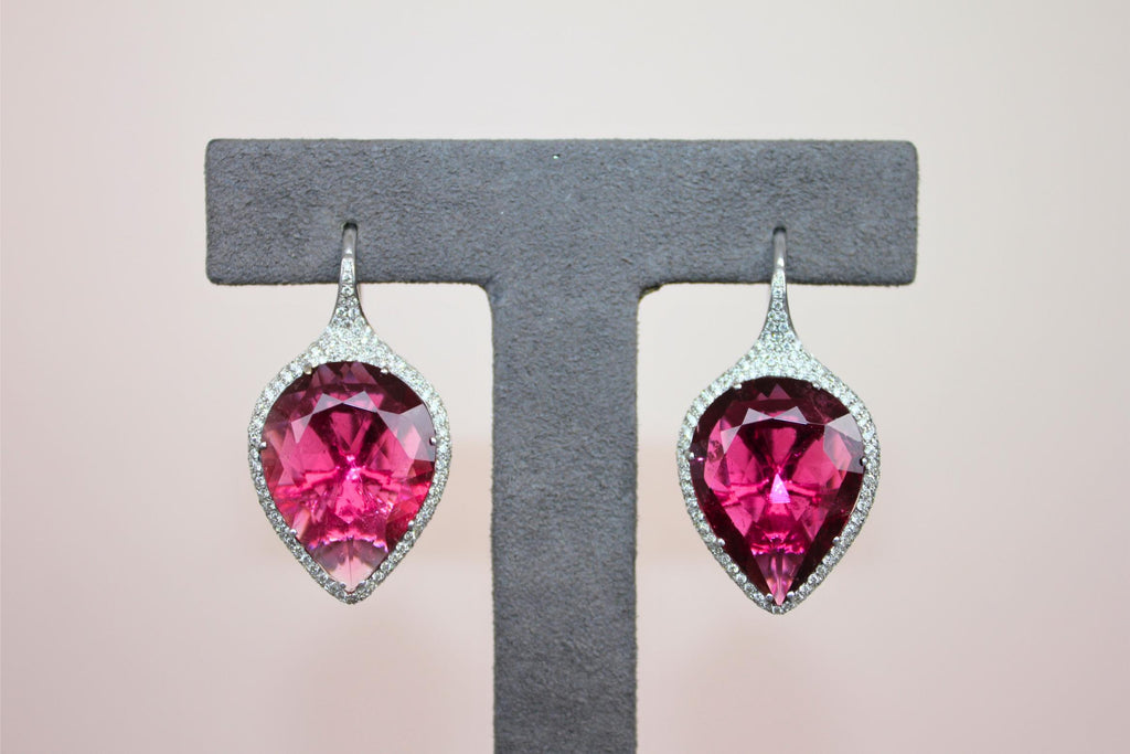 Fancy Pear Tear Drop Pink Red Rubellite Diamond Pave 18K White Gold Earrings