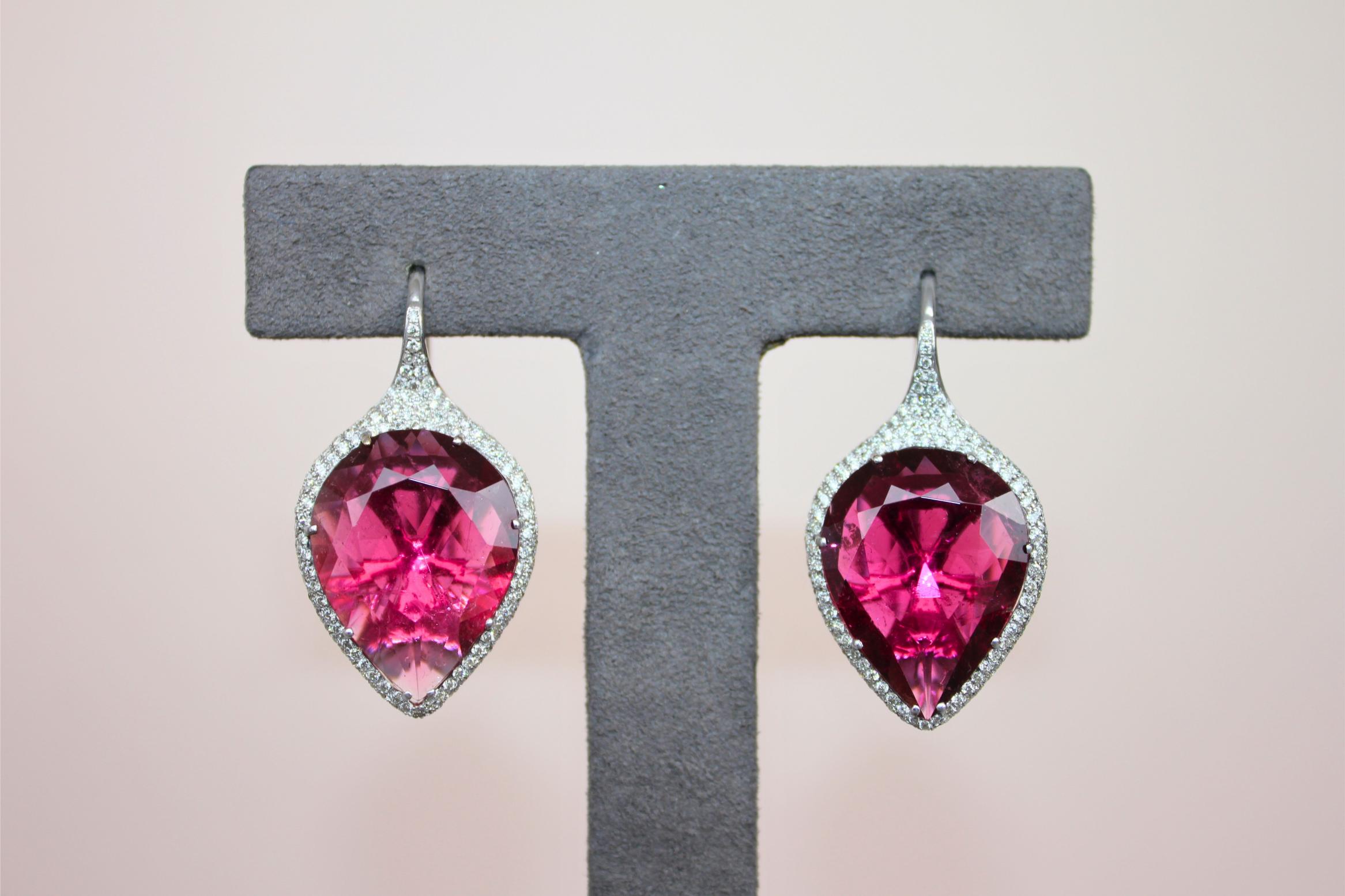 Fancy Pear Tear Drop Pink Red Rubellite Diamond Pave 18K White Gold Earrings
