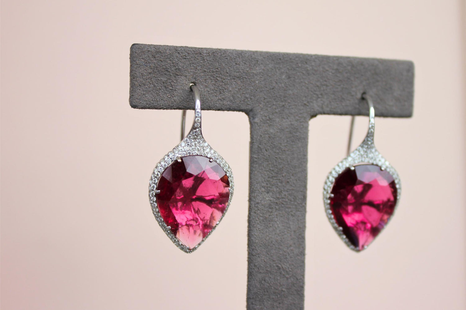 Fancy Pear Tear Drop Pink Red Rubellite Diamond Pave 18K White Gold Earrings