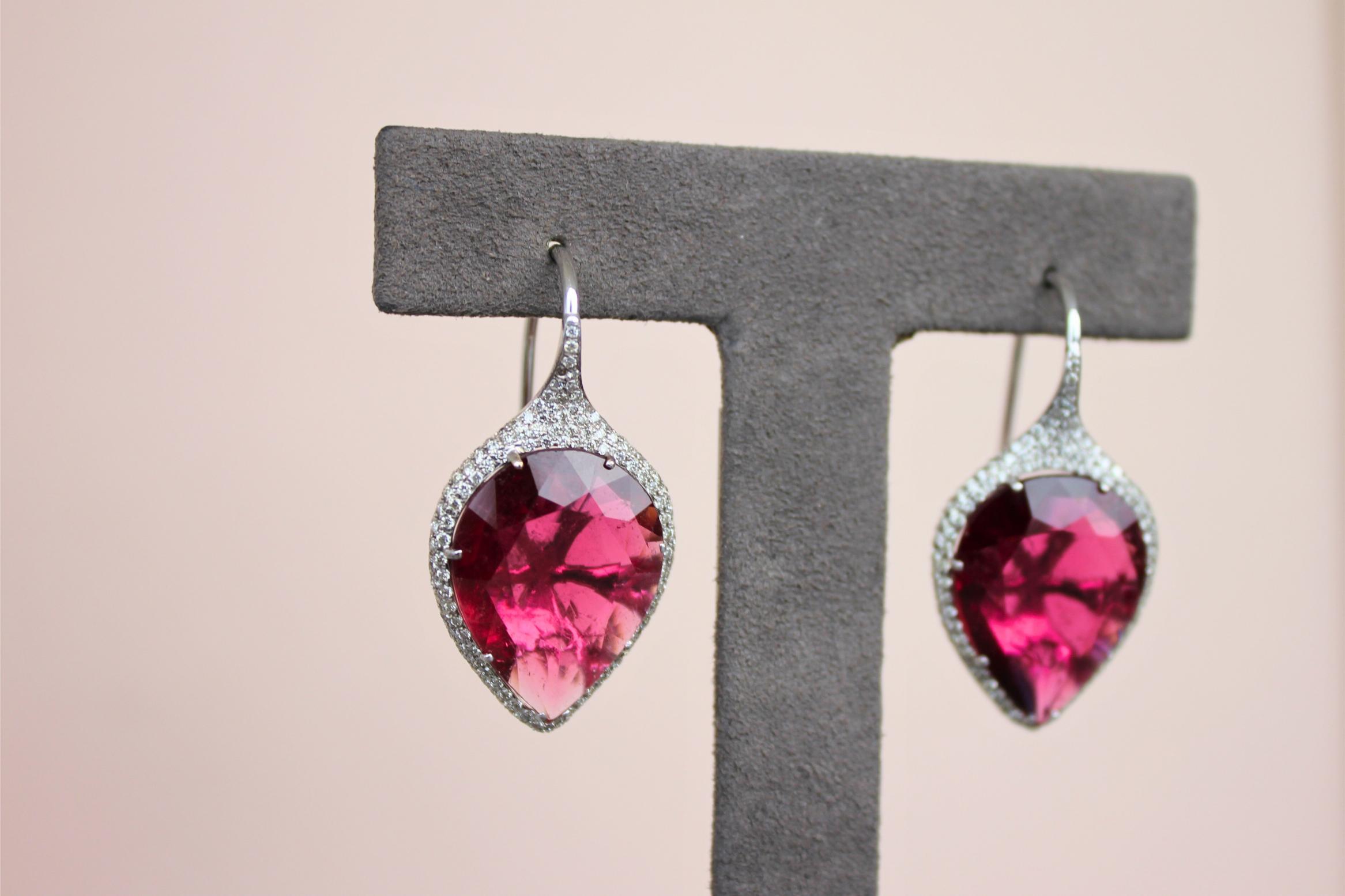 Fancy Pear Tear Drop Pink Red Rubellite Diamond Pave 18K White Gold Earrings