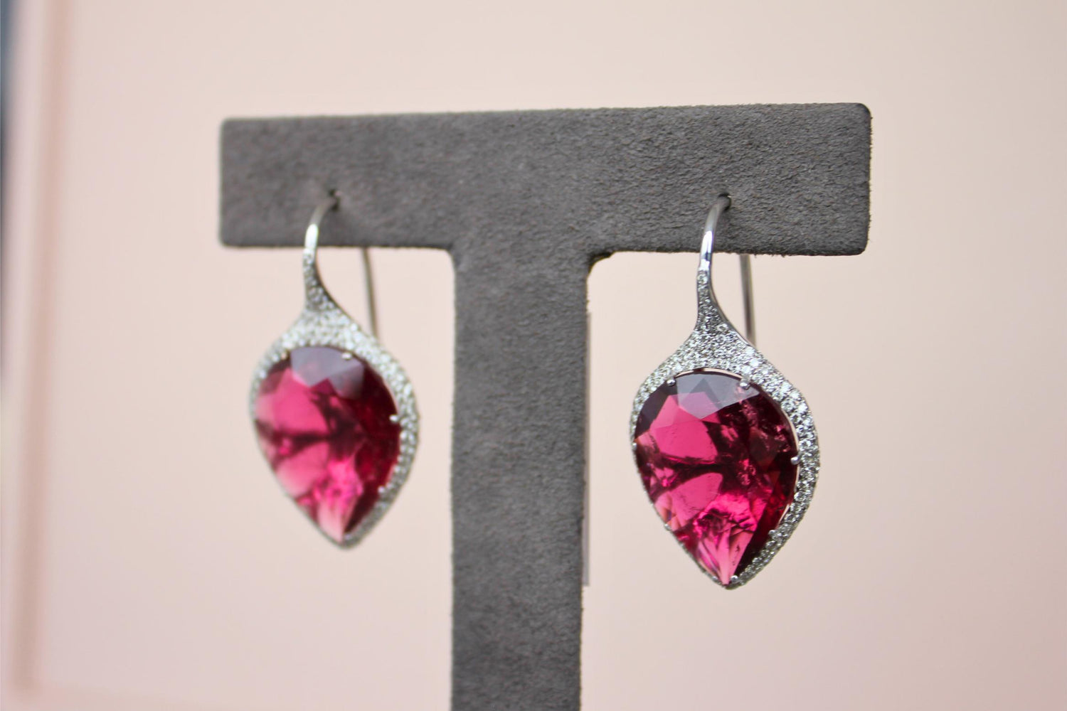 Fancy Pear Tear Drop Pink Red Rubellite Diamond Pave 18K White Gold Earrings