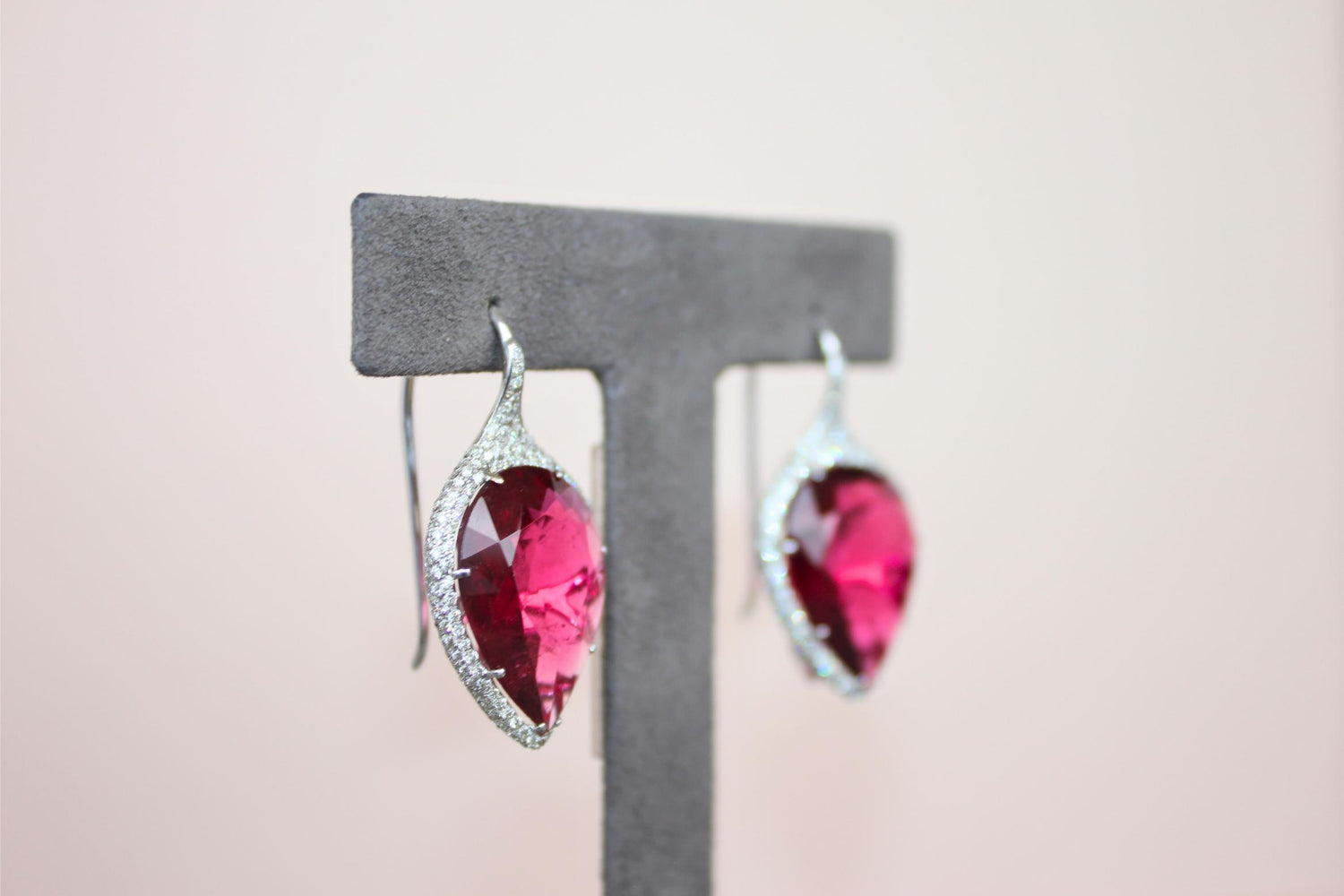 Fancy Pear Tear Drop Pink Red Rubellite Diamond Pave 18K White Gold Earrings