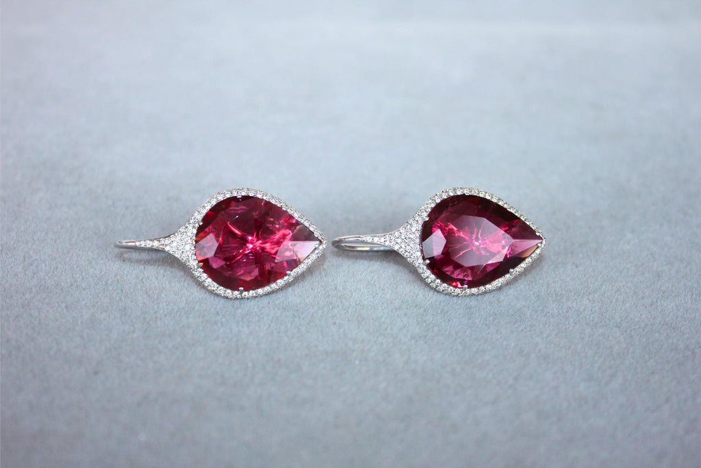 Fancy Pear Tear Drop Pink Red Rubellite Diamond Pave 18K White Gold Earrings