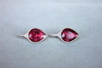 Fancy Pear Tear Drop Pink Red Rubellite Diamond Pave 18K White Gold Earrings