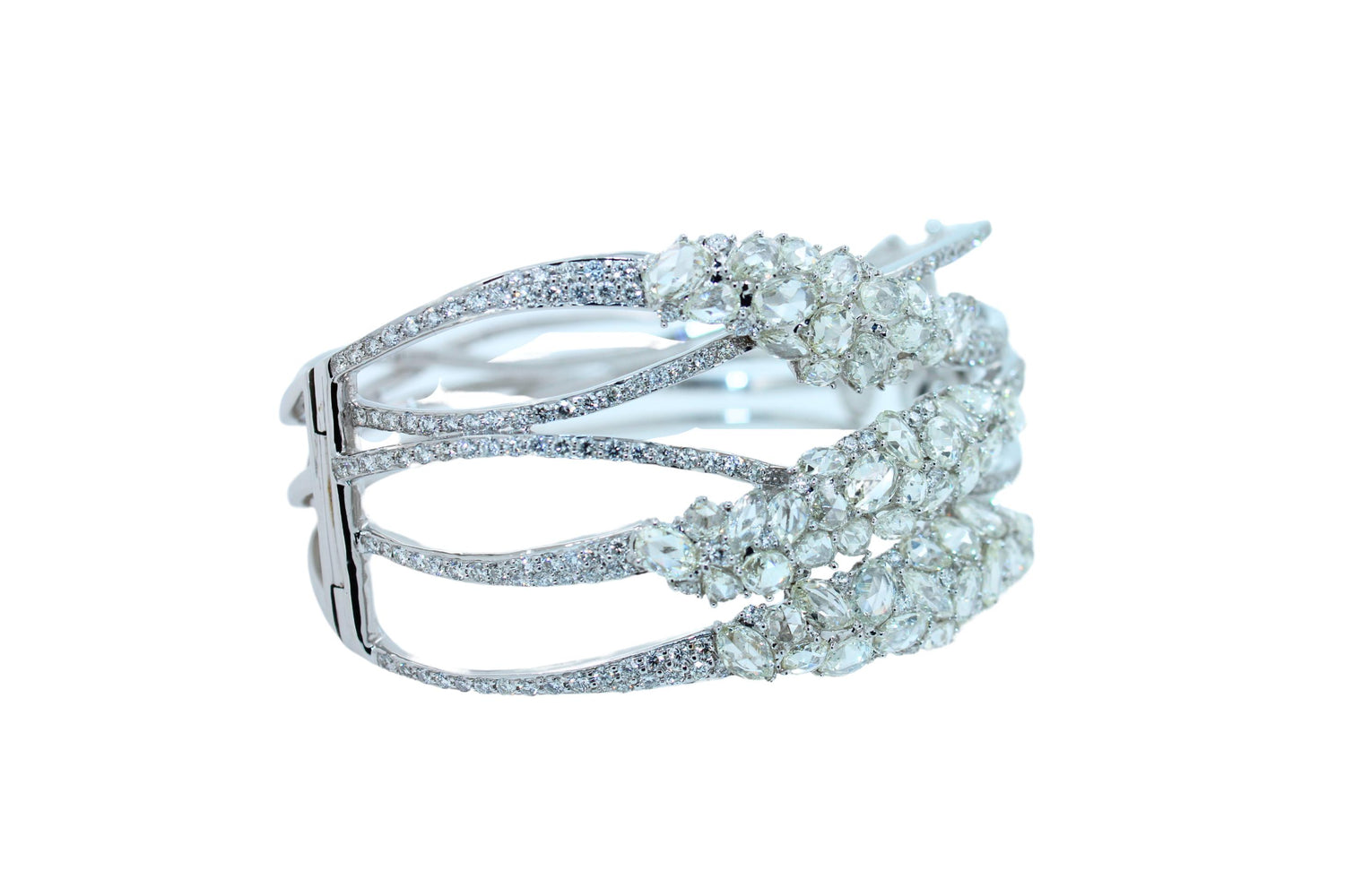 Fancy Shape Rose Cut Diamond Unique Statement Lux 18K White Gold Bangle Bracelet