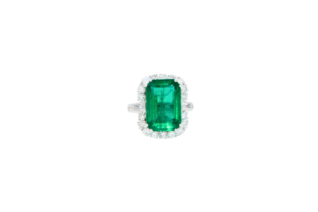 Green Emerald Octagon Cut Rectangle Diamond Halo Baguette 18K White Gold Ring