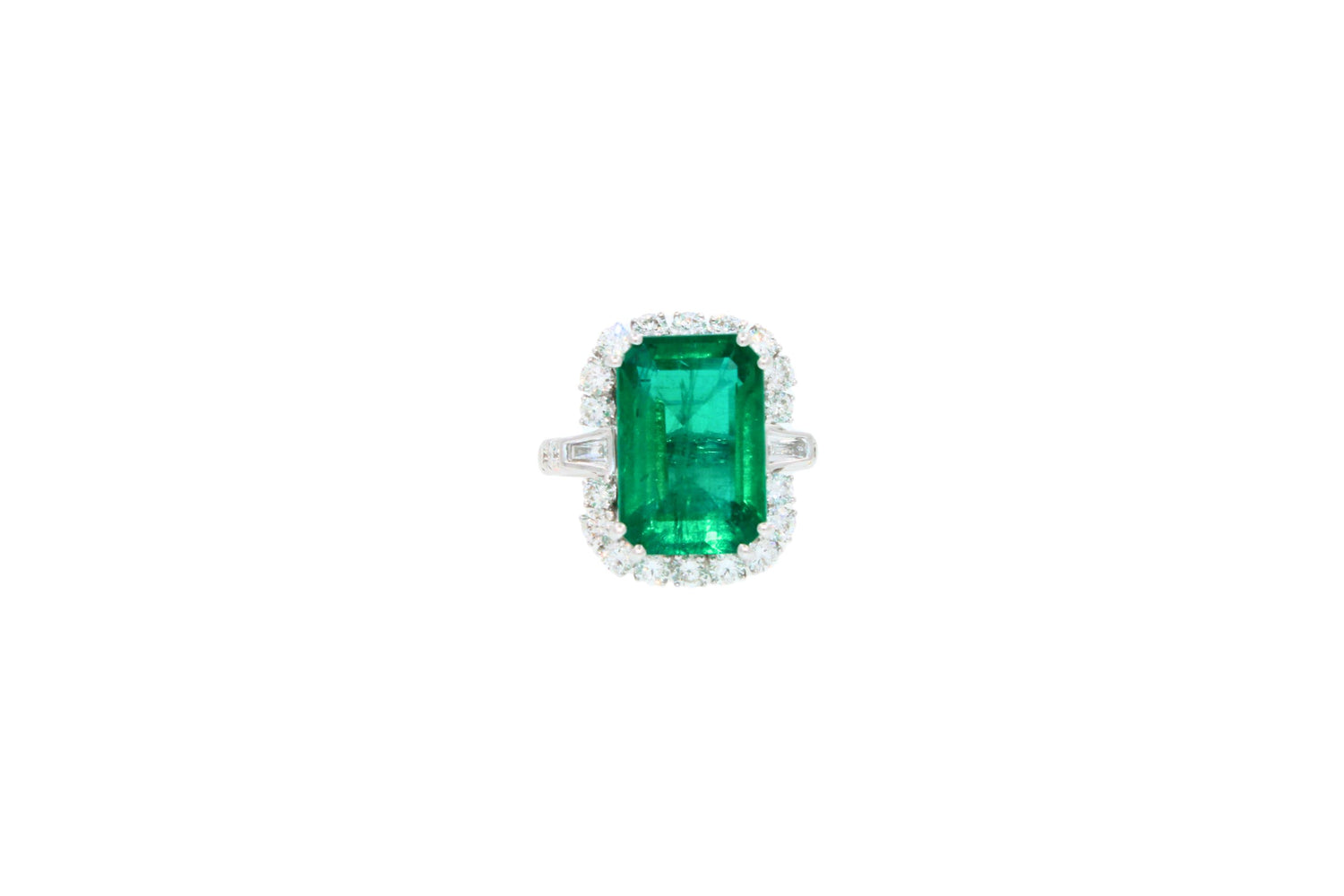 Green Emerald Octagon Cut Rectangle Diamond Halo Baguette 18K White Gold Ring