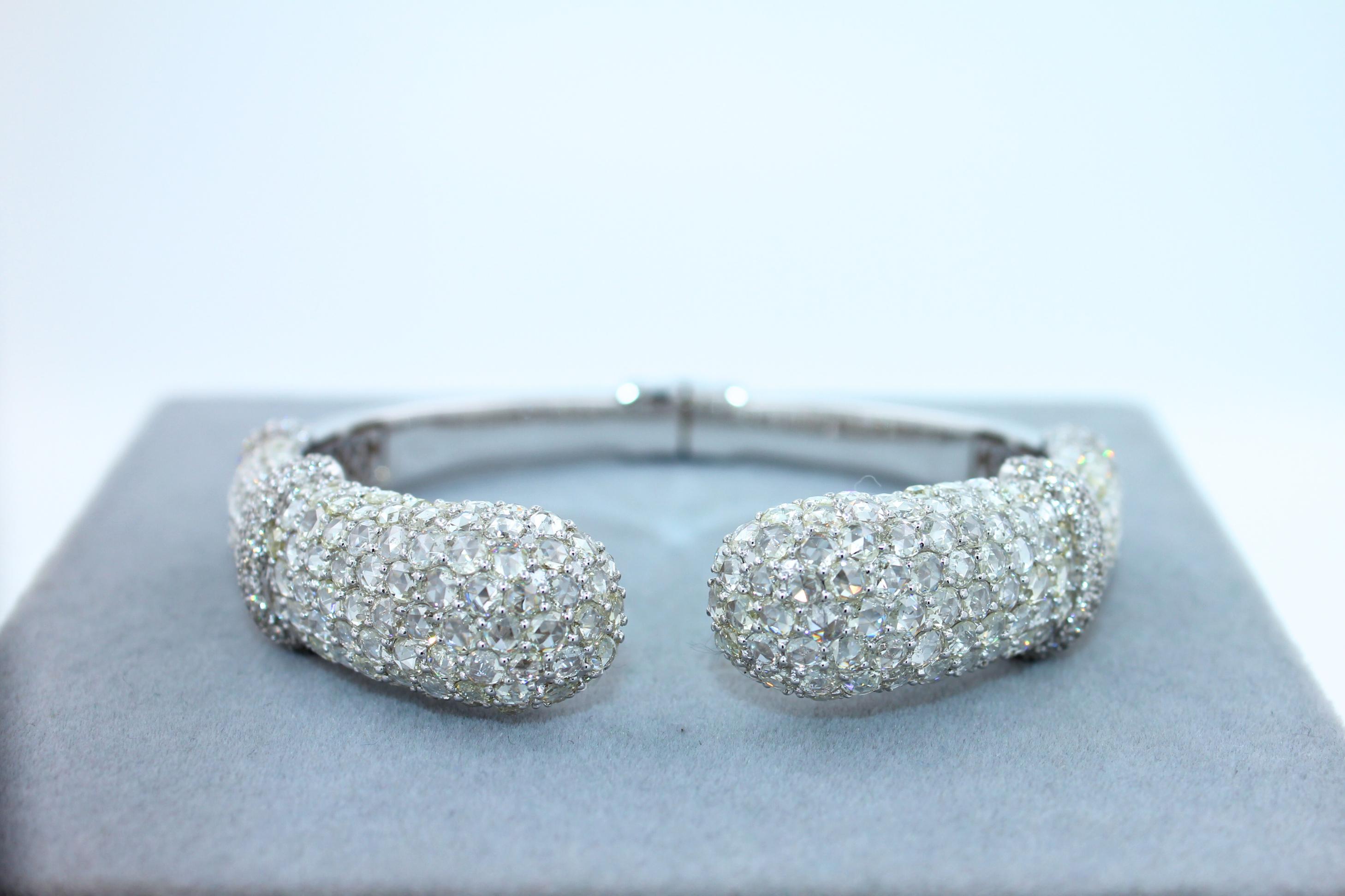 Diamond Round Shape Brilliant Cut Pave Set Lux 18K White Gold Bangle Bracelet