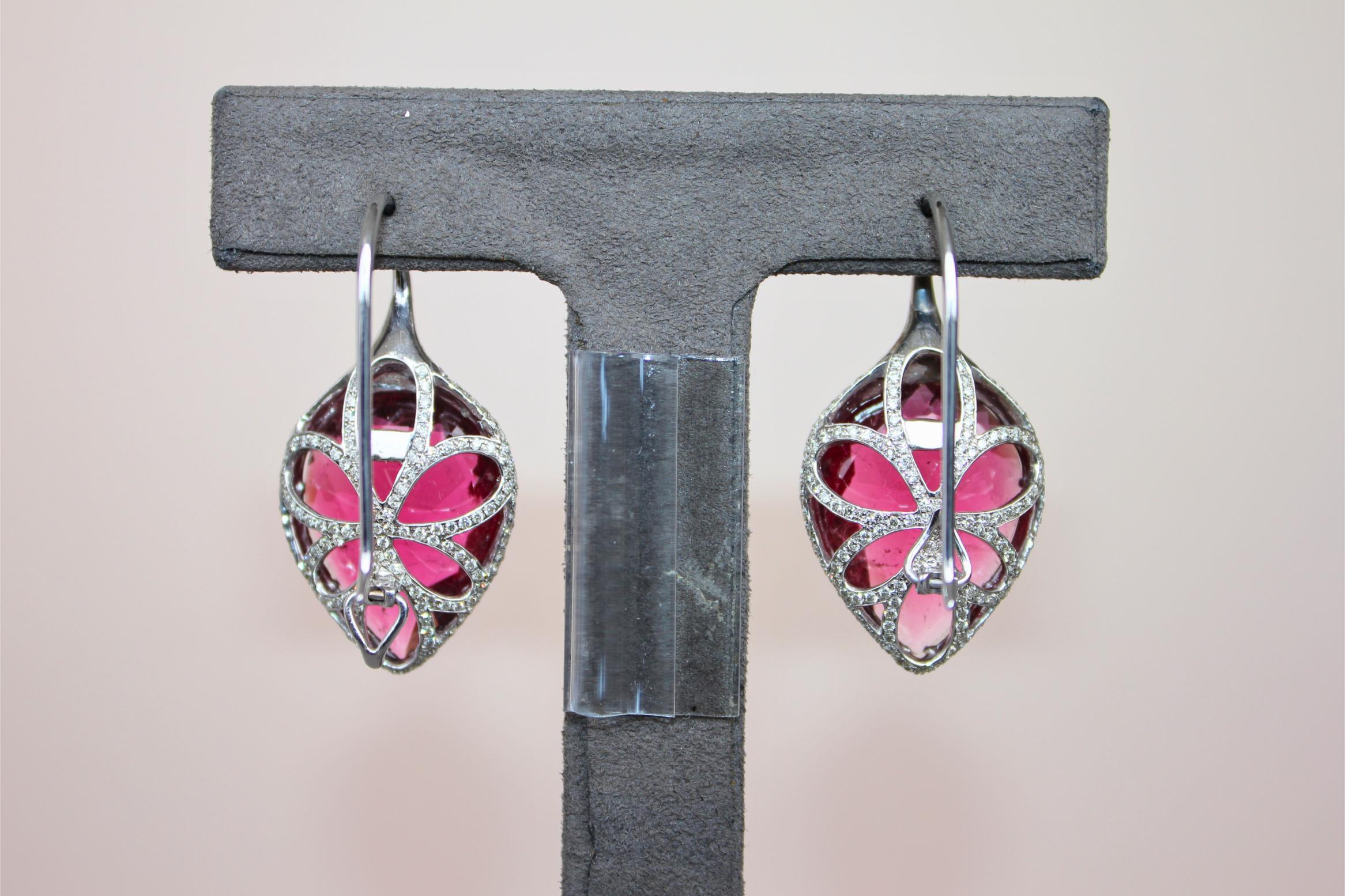 Fancy Pear Tear Drop Pink Red Rubellite Diamond Pave 18K White Gold Earrings