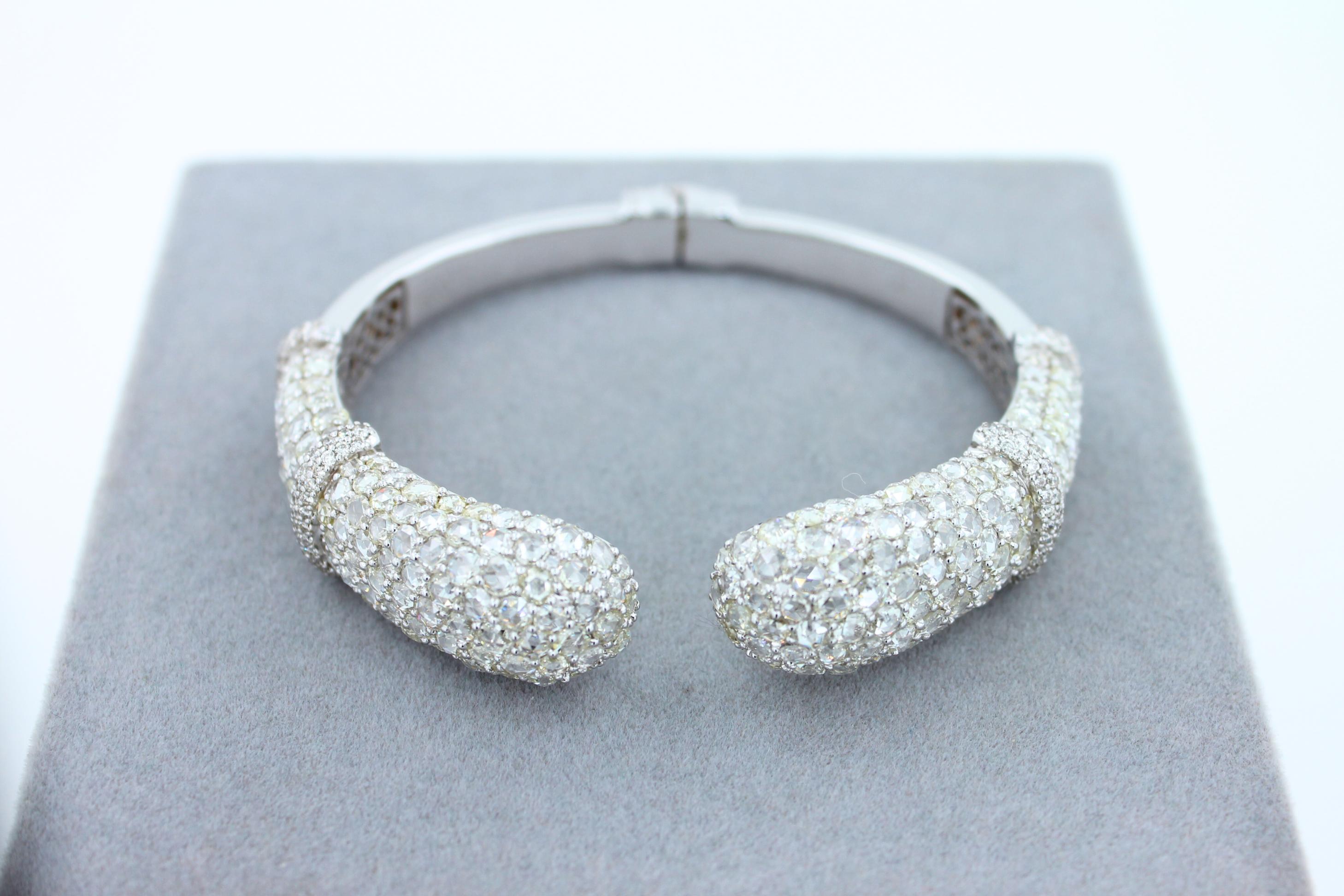Diamond Round Shape Brilliant Cut Pave Set Lux 18K White Gold Bangle Bracelet