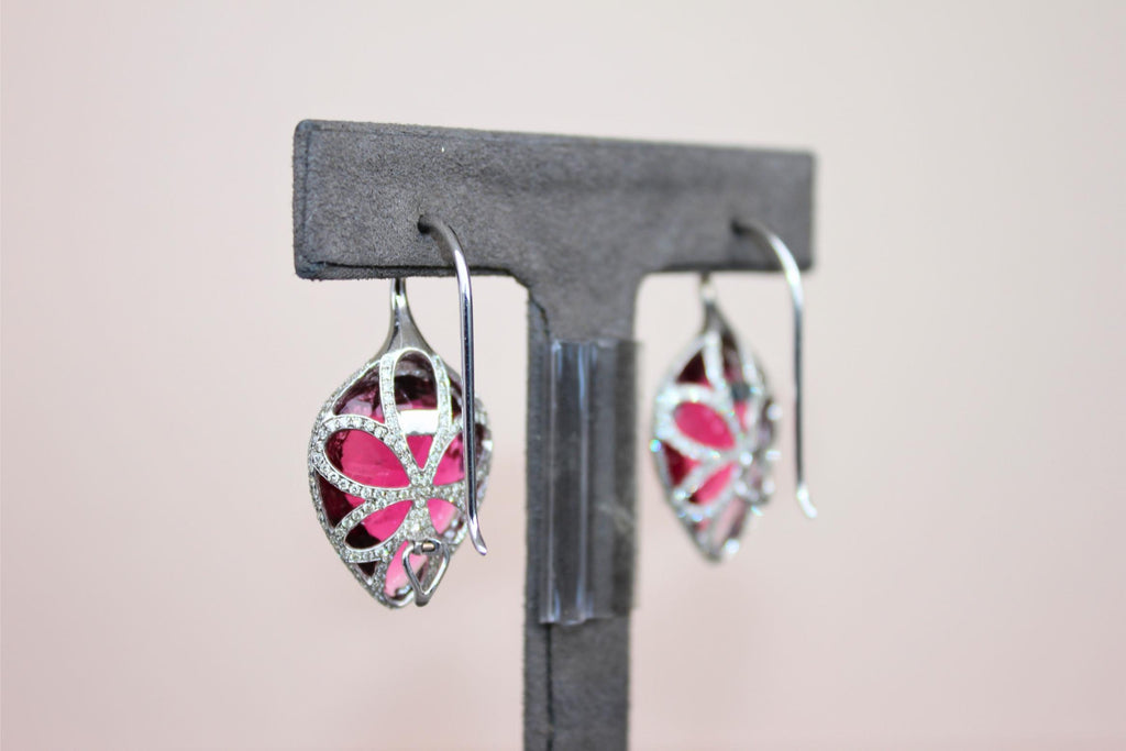 Fancy Pear Tear Drop Pink Red Rubellite Diamond Pave 18K White Gold Earrings