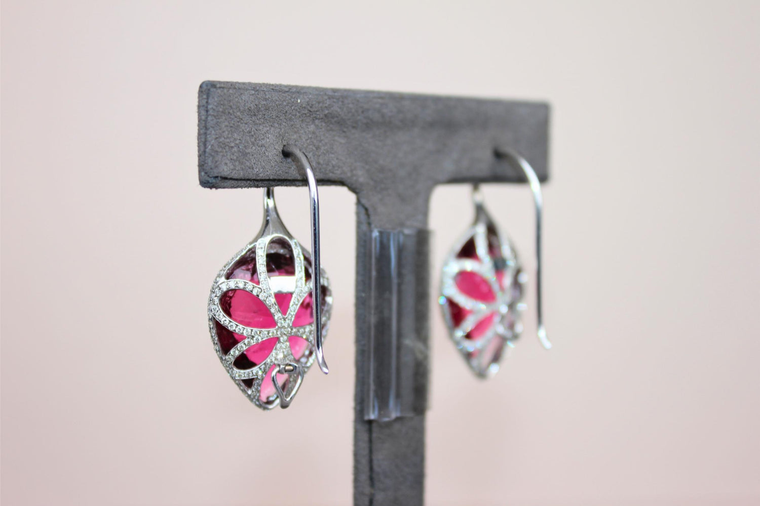Fancy Pear Tear Drop Pink Red Rubellite Diamond Pave 18K White Gold Earrings