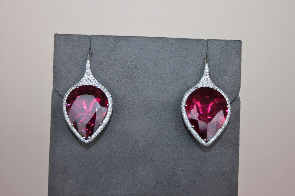 Fancy Pear Tear Drop Pink Red Rubellite Diamond Pave 18K White Gold Earrings