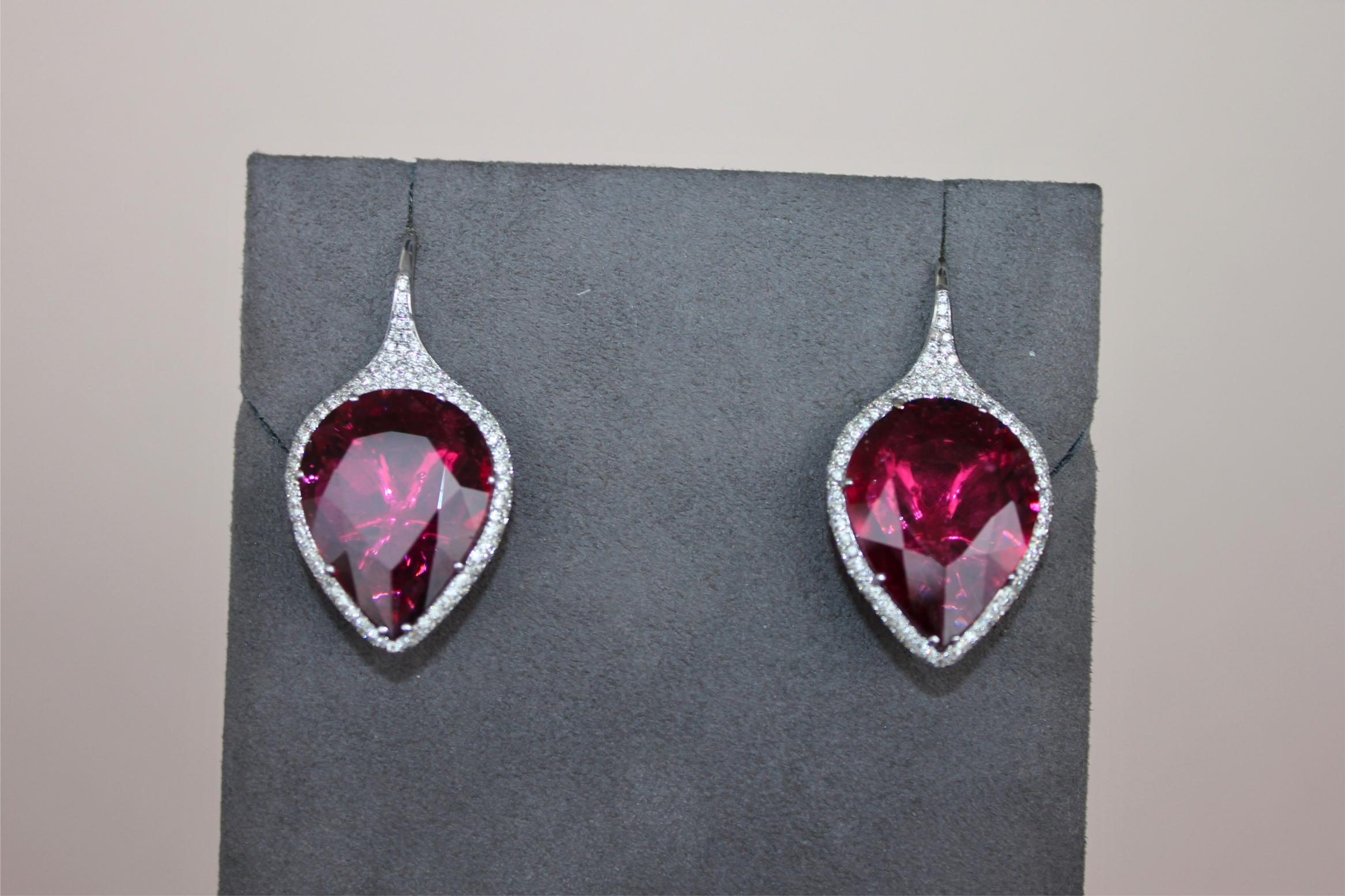 Fancy Pear Tear Drop Pink Red Rubellite Diamond Pave 18K White Gold Earrings