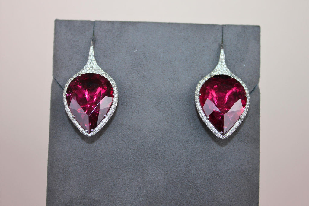 Fancy Pear Tear Drop Pink Red Rubellite Diamond Pave 18K White Gold Earrings