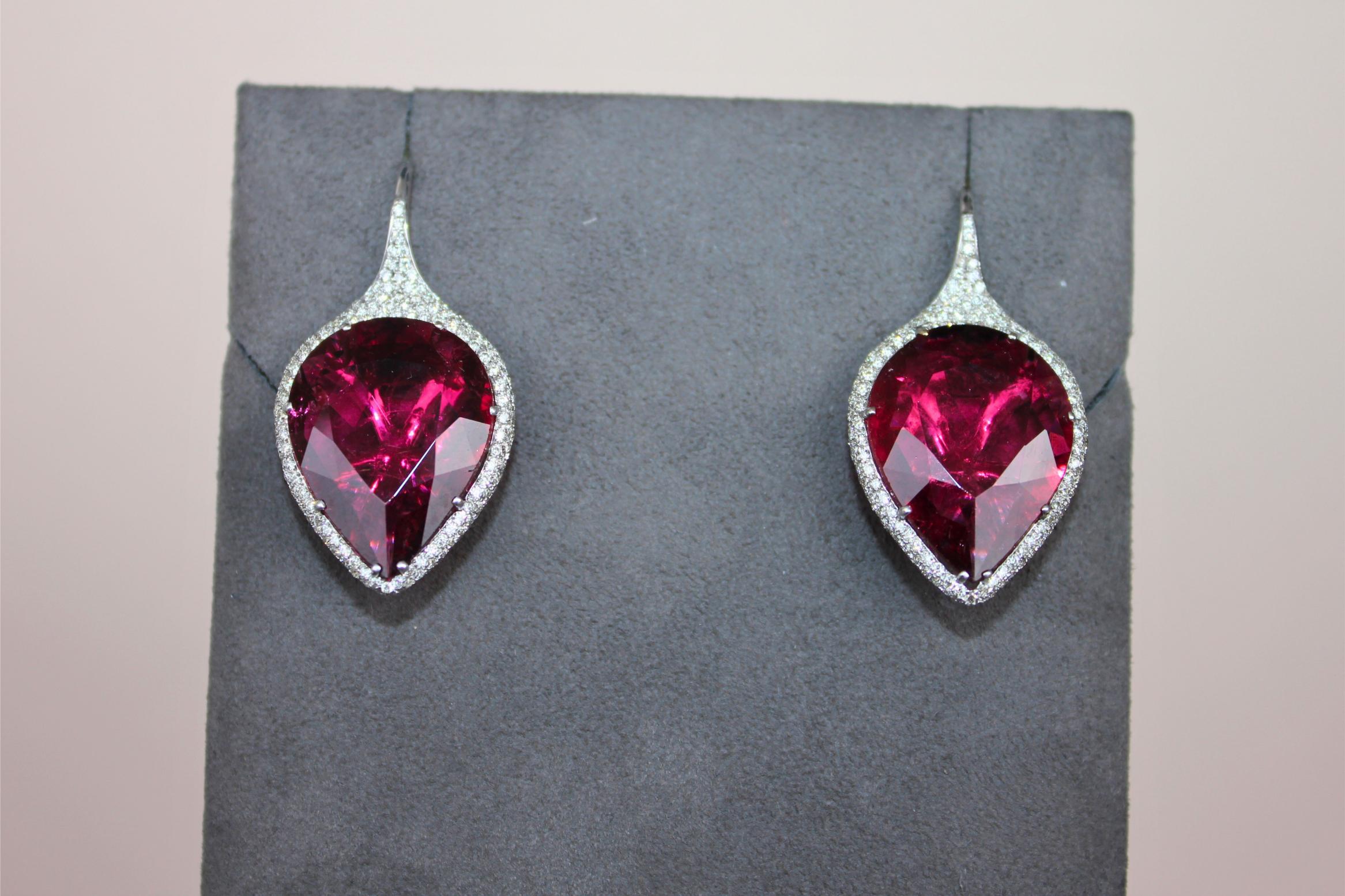 Fancy Pear Tear Drop Pink Red Rubellite Diamond Pave 18K White Gold Earrings