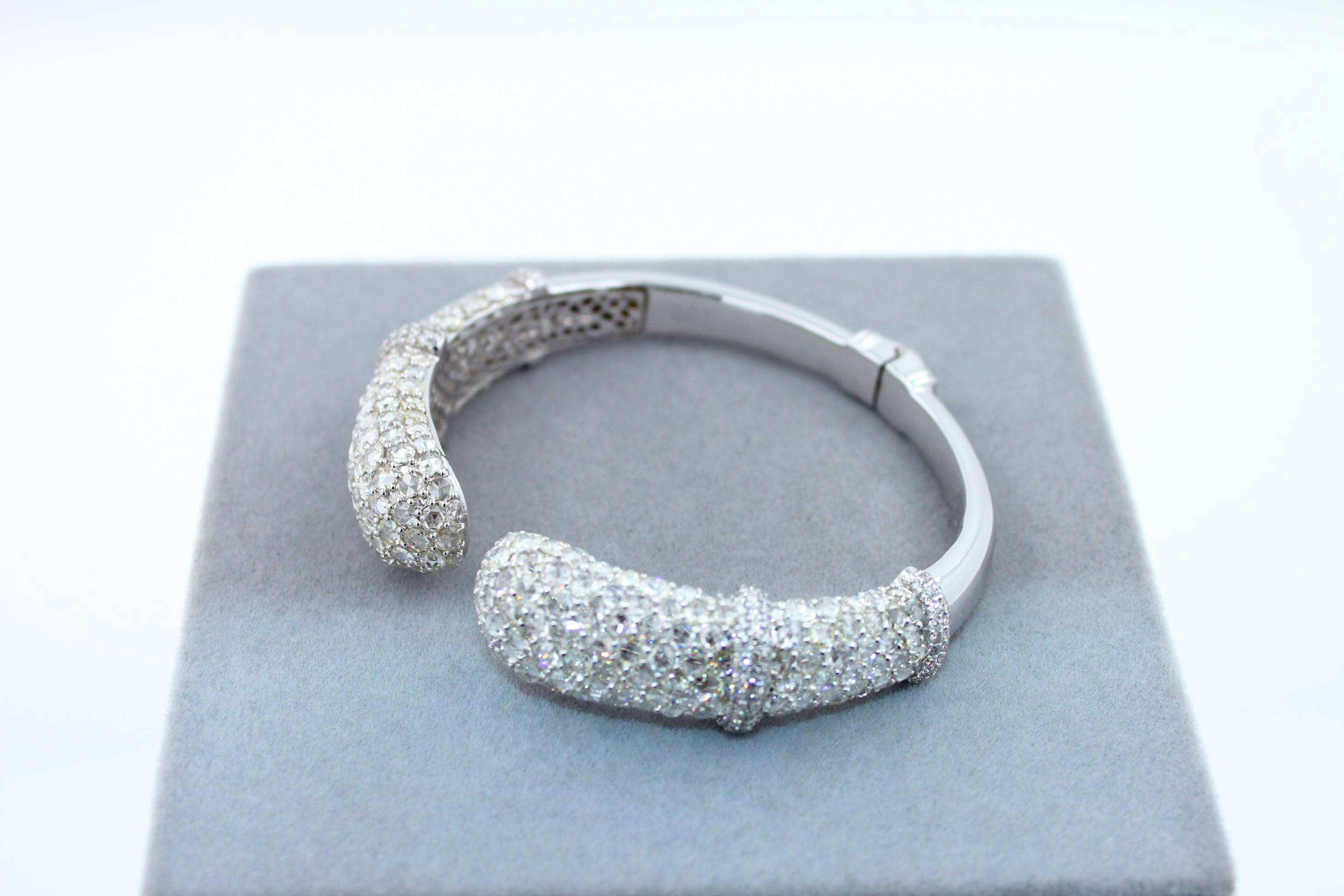 Diamond Round Shape Brilliant Cut Pave Set Lux 18K White Gold Bangle Bracelet