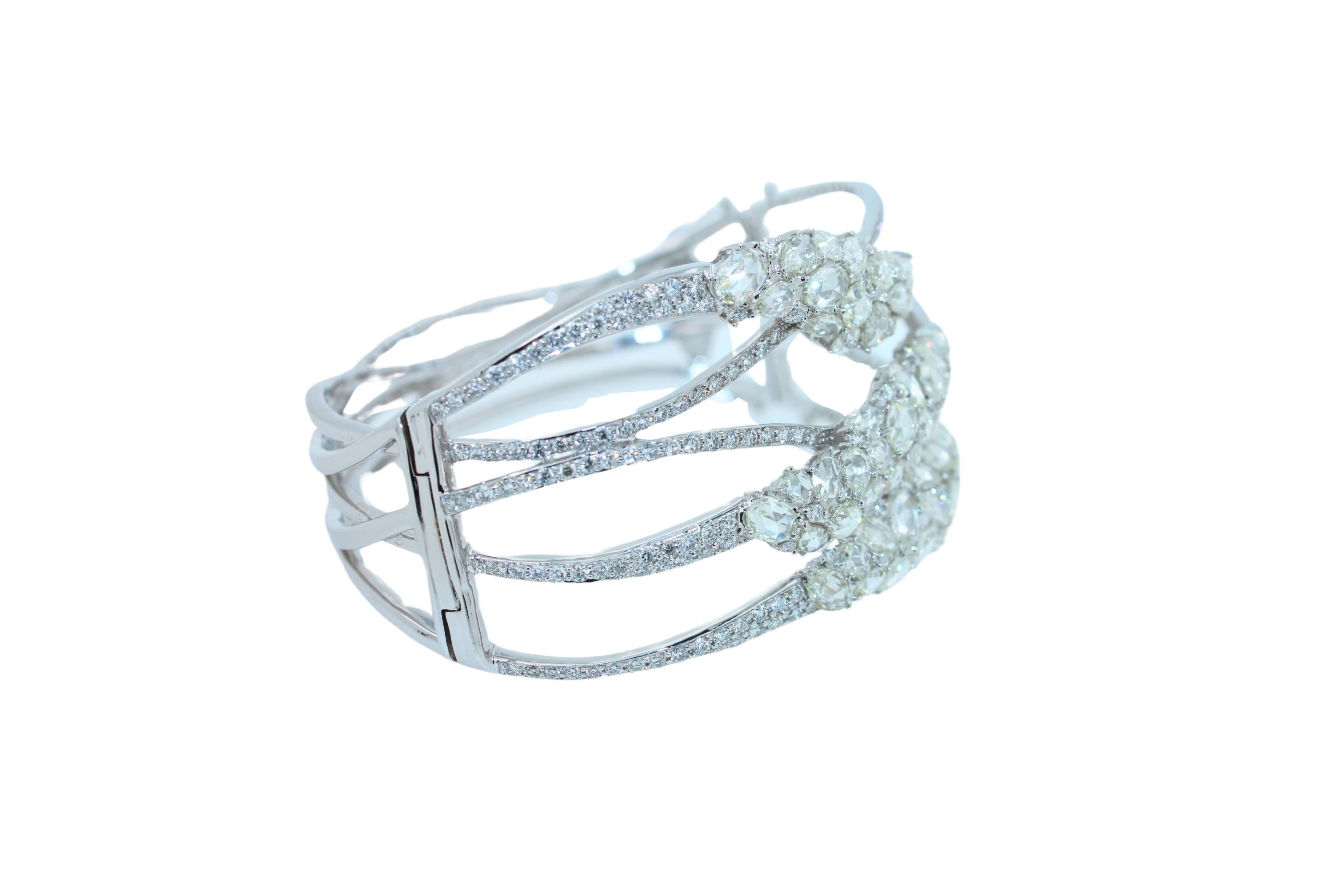 Fancy Shape Rose Cut Diamond Unique Statement Lux 18K White Gold Bangle Bracelet