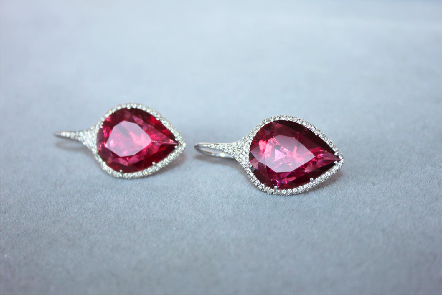 Fancy Pear Tear Drop Pink Red Rubellite Diamond Pave 18K White Gold Earrings