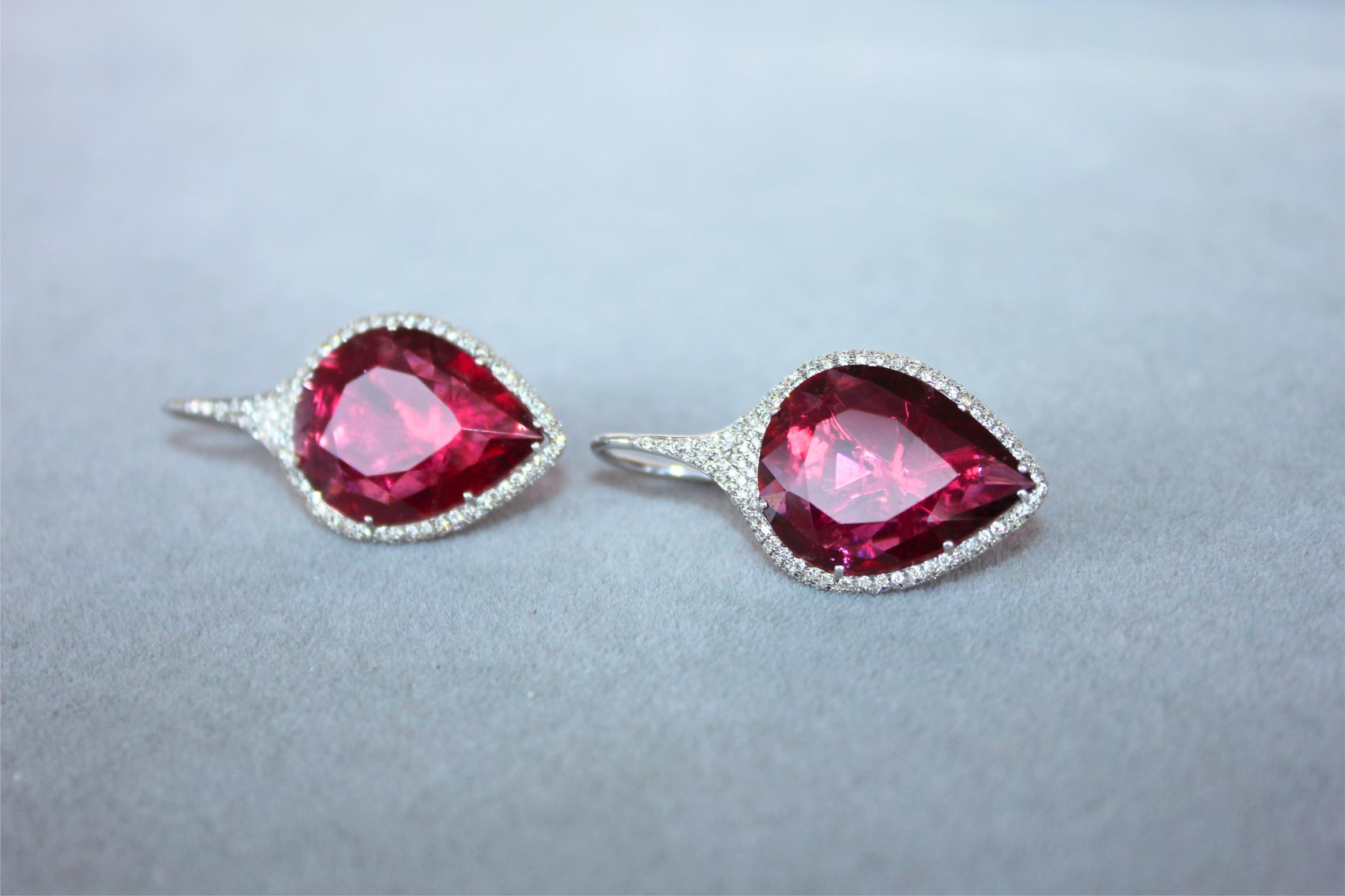 Fancy Pear Tear Drop Pink Red Rubellite Diamond Pave 18K White Gold Earrings